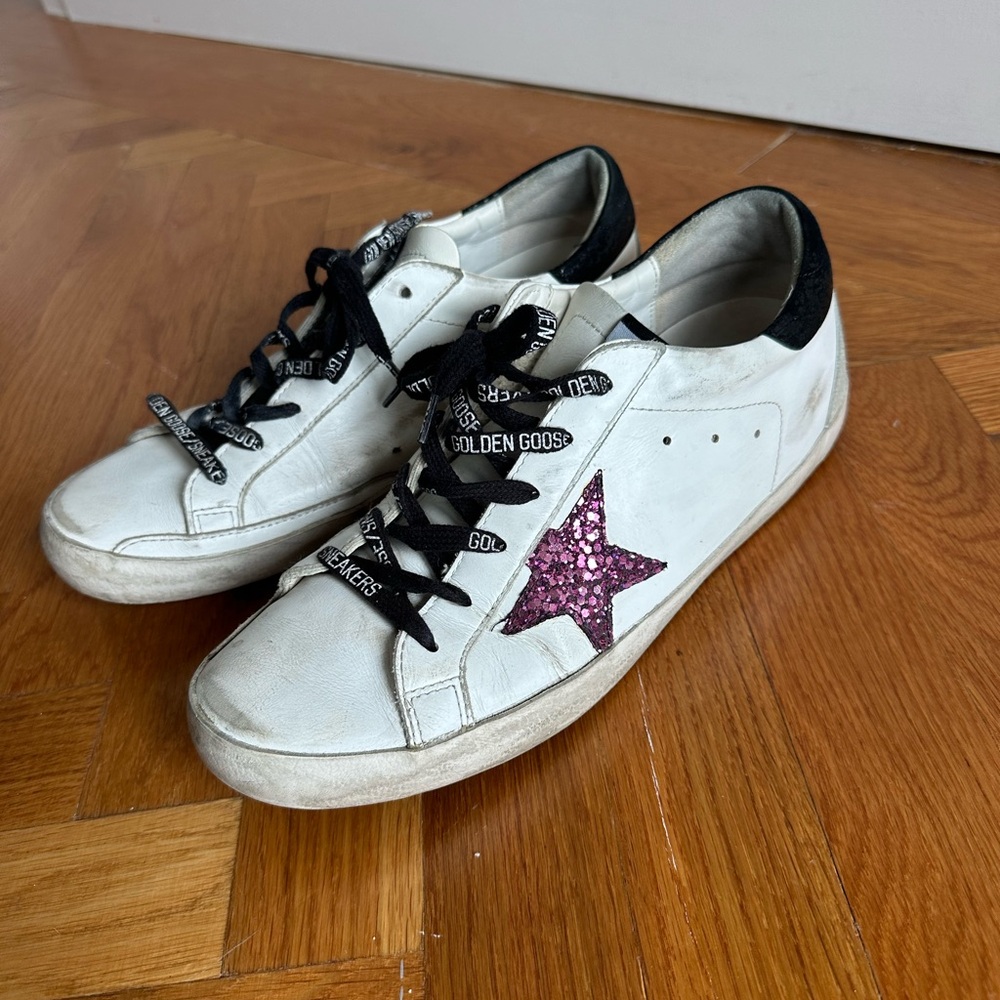 Golden Goose White Sneakers with Glittery Purple Star